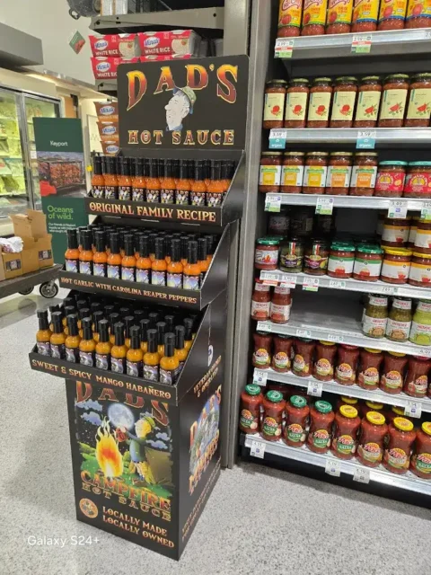 Dad's Hot Sauce Retail Display Dad's Hot Sauce retail display in a Florida specialty market